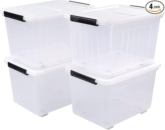 4 Packs 30 L Stackable Plastic Storage Bins with Lids and Wheels, Latching Clear Storage Container Box