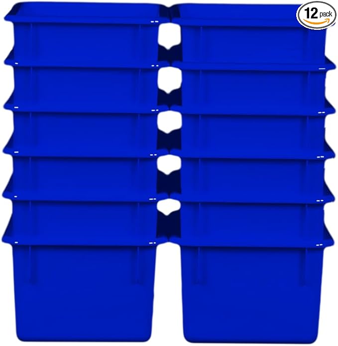 Wood Designs Cubby Storage Bin, Heavy Duty Plastic Containers for Kids Blue Cubby Tray Set of 12