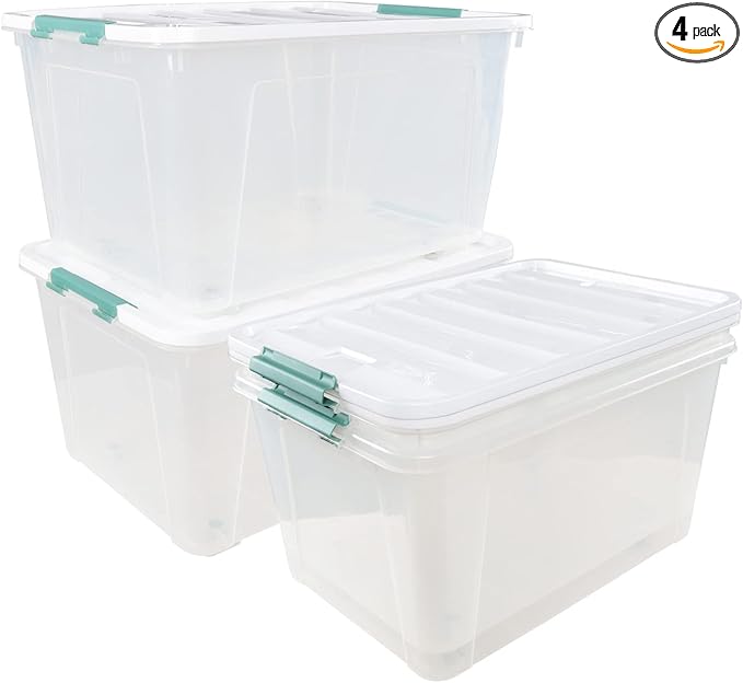 80 L Extra Large Plastic Storage Box, Clear Large Plastic Storage Bins with Wheels, 4-Pack