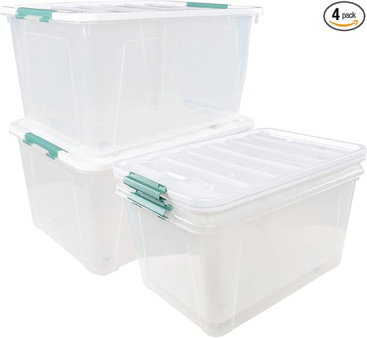 80 L Extra Large Plastic Storage Box, Clear Large Plastic Storage Bins with Wheels, 4-Pack