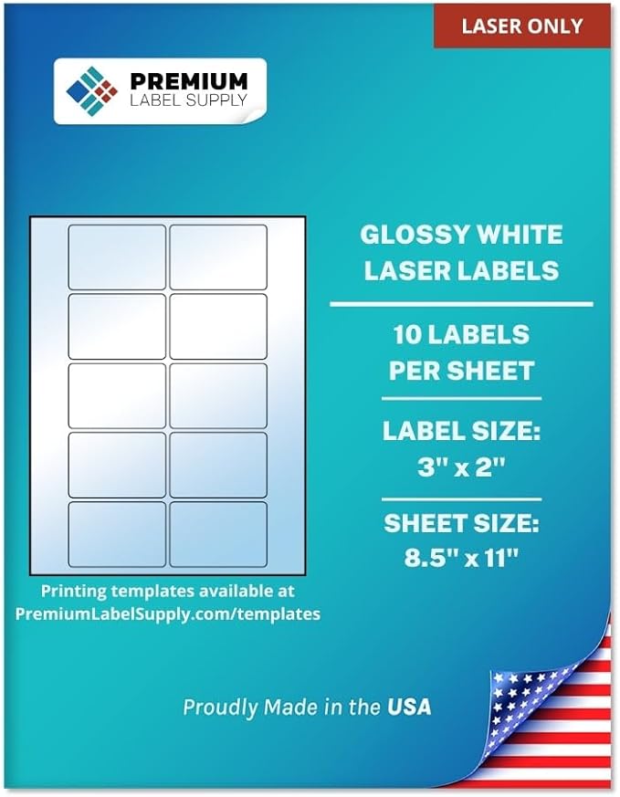 Premium Label Supply Glossy White Sticker Labels – 3" x 2" – (10 per Sheet) (Glossy White for Laser Only, 5,000 Labels)