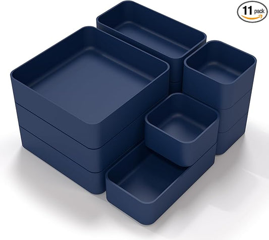 11-Piece Stackable Drawer Organizer Set, Multi-size Desk Drawer Organizer Trays Vanity Storage Bins for Storing Makeup, Stationery, Utensils in Bathroom Dresser, Office and Kitchen