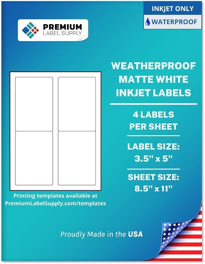 Premium Label Supply Waterproof Matte White Sticker Labels – 3.5" x 5" – Inkjet Printers Only – (4 per Sheet), 500 Sheets - 2,000 Total Adhesive Labels