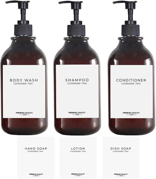 Apothecary Dispenser Bottle for Bathroom and Kitchen - 16oz Plastic Shower Pump Dispensers, Refillable for Shampoo Lotion Oil Shower Soap Hand Soap and Dish Soap (3 Pack, Amber)