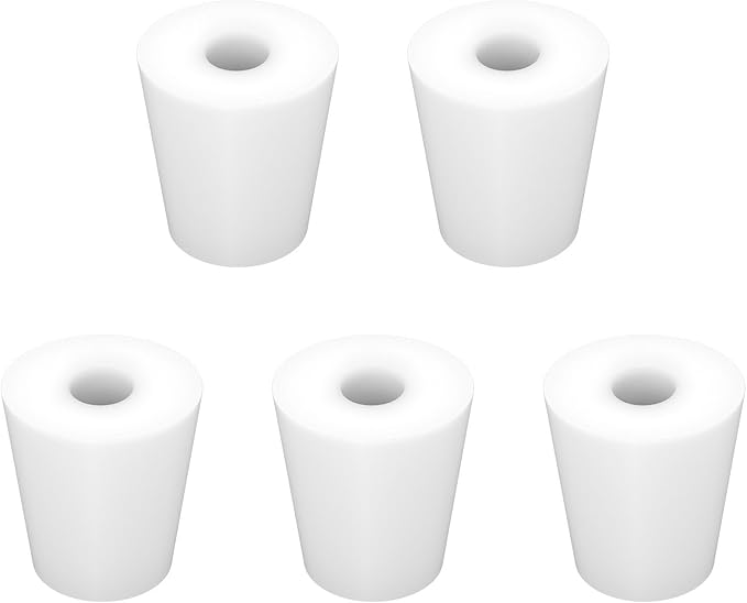 Labasics 5-Pack 4# Single-Hole Silicone Stoppers, White Tapered Lab Seal Stoppers with 0.31" Hole, Durable and Reusable Silicone Plugs for Laboratory Glassware, Airtight Sealing, and Experiments