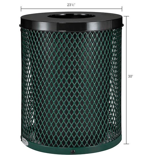 Global Industrial Outdoor Diamond Steel Trash Can with Flat Lid and Plastic Liner, 36 Gallon Capacity, Green, Thermoplastic Coating, 23-1/2" Diameter, 30" H