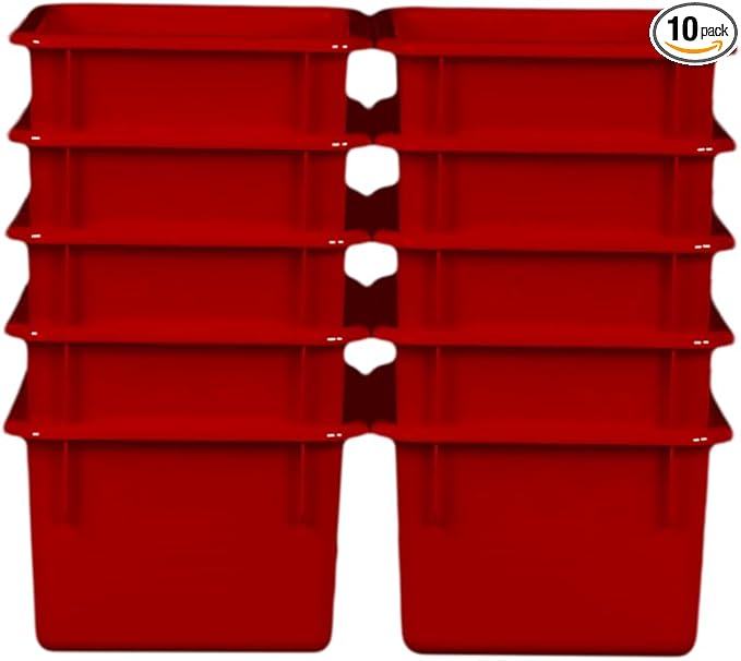Wood Designs Cubby Storage Bin, Heavy Duty Plastic Containers for Kids Red Cubby Tray Set of 10