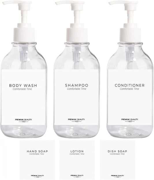 3 Pack of Shampoo and Conditioner Bottles - Apothecary Dispenser Bottle for Bathroom and Kitchen, Refillable Shampoo Bottles for Shampoo Lotion Oil Shower Soap Hand Soap and Dish Soap (Clear)