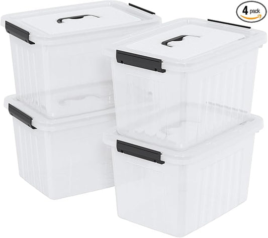 4 Packs 20 L Clear Plastic Storage Bins, Stackable Organizer Containers with Lids, Latching Box with Handle