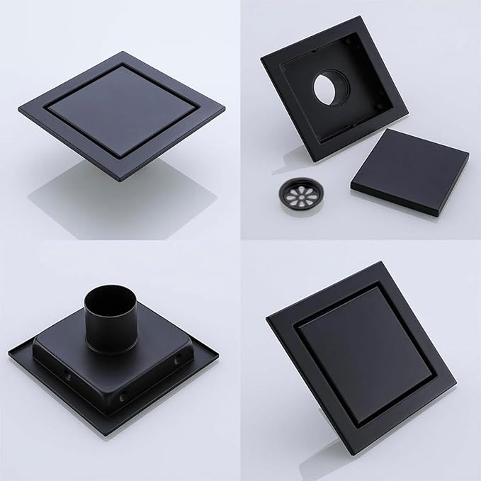 RANDOM Black Shower Drain Square with Removable Tile Insert 6 Inch Drain Cover and Hair Strainer,SUS 304 Stainless Steel Matte Black Shower Floor Drain