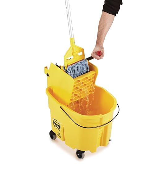 Rubbermaid Commercial Products WaveBrake 35 Qt. Side-Press Mop Bucket and Wringer Combo on Wheels Yellow for Professional/Industrial/Business Heavy-Duty Floor Cleaning/Mopping