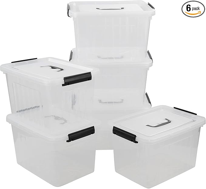 Zopnny 12 Quart Storage Latch Bins with Handles, Plastic Clear Storage Box with Lid, 6 Pack