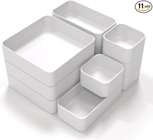 11-Piece Stackable Drawer Organizer Set, Multi-size Desk Drawer Organizer Trays Vanity Storage Bins for Storing Makeup, Stationery, Utensils in Bathroom Dresser, Office and Kitchen