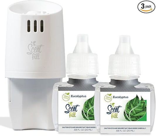 Scent Fill 100% Natural Eucalyptus Plug in Air Freshener, Scented Oil Refills, 2 Refills + Diffuser