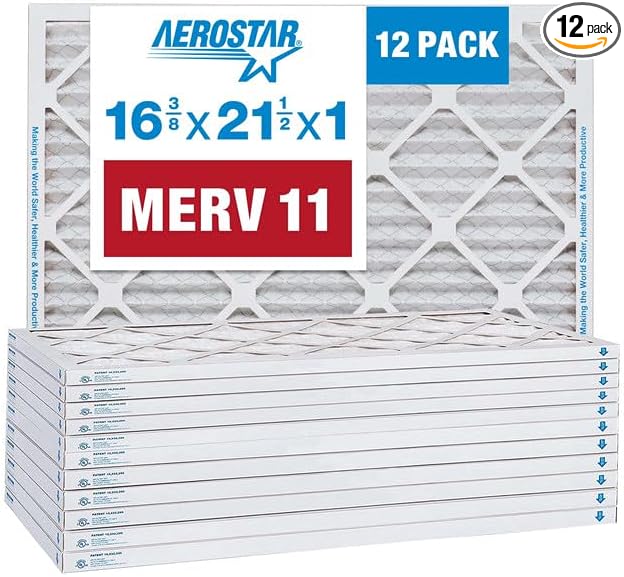 Aerostar 16 3/8x21 1/2x1 MERV 11 Pleated Air Filter, AC Furnace Air Filter, 12 Pack (Actual Size: 16 1/2" x 21 1/2" x 3/4")