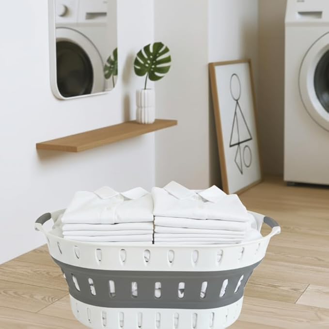 Premium Collapsible Laundry Baskets – Foldable Laundry Basket & Hamper Bin 45L with Handles for Clothes, Ventilated Plastic Storage, White & Grey for Bedroom, Bathroom or Laundry Room