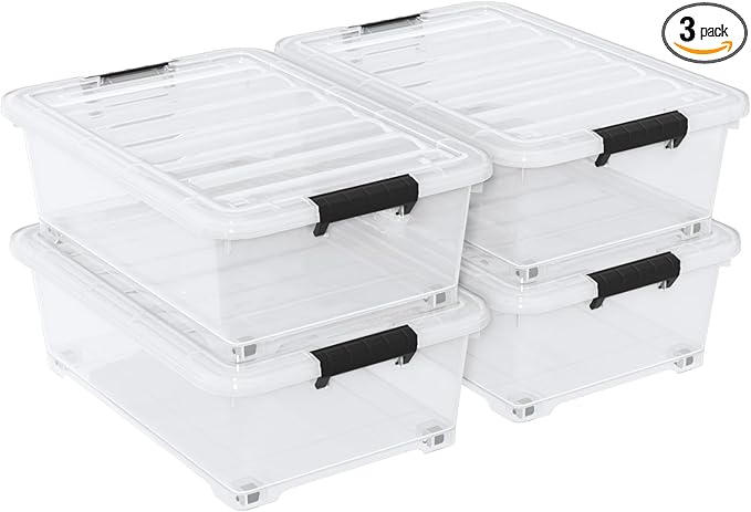4 Pack Multipurpose 25 Qt Underbed Secure Latching Bin, Plastic Storage Container with Snap-On Lid and Wheels, Clear