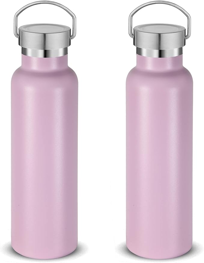 Neihepal 20 oz Insulated Water Bottles Bulk 2 Pack,Stainless Steel Double Wall Sport Bottle with Lid of Handle,Metal Reusable Thermoses Flask with Cup Cap for School,Cyclists,Gift (Pink,Set of 2)