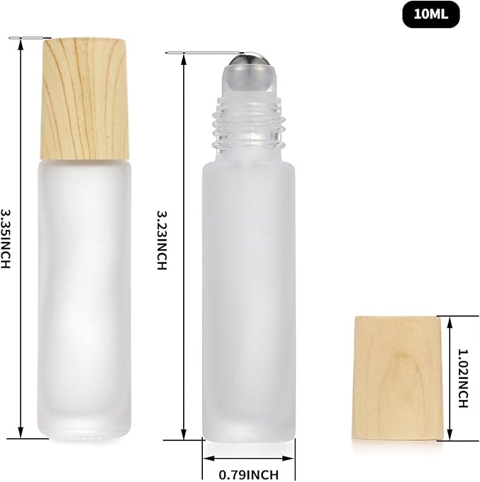 12 Pack Essential Oil Roller Bottles,10ml Empty Frosted Glass Roller Bottles with Stainless Steel Roller Balls and Caps Refillable Container for Perfume Roll on Bottles ( Wood Grain Plastic Caps)