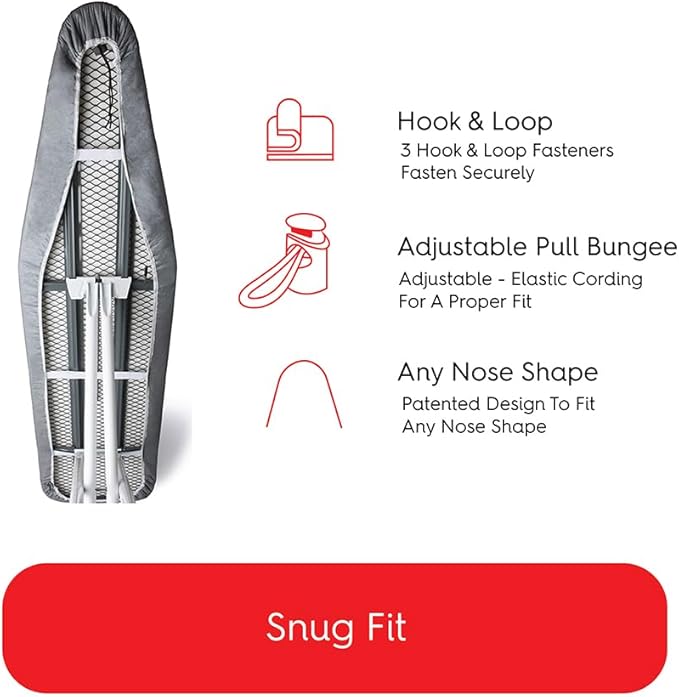 TIVIT Ironing Board Cover 19 x 55, Made in Italy. Pro Grip Pad Covers w/3 Fastener Straps & Pull Bungee Cord - Durable Scorch & Stain Resistant Padded Layers, Heat Reflective AlumiTek PRO Top Coat
