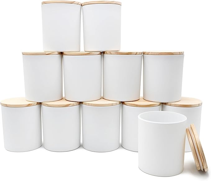 SHOWIN 14 OZ Thick Candle Jars for Making Candles 12 Pcs, 3 Wick Empty Jars with Wood Lids for Candle Making, Sample Container,Matte White