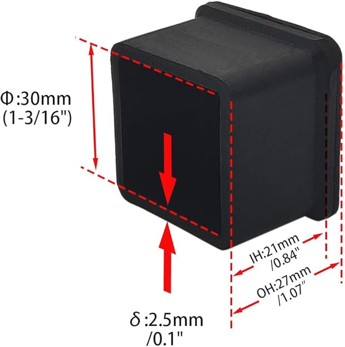 Flyshop 20PCS Non-Slip Rubber Leg Tips Floor Protectors Square Chair Leg Caps, 30mm x 30mm, 1-3/16" x 1-3/16", Black