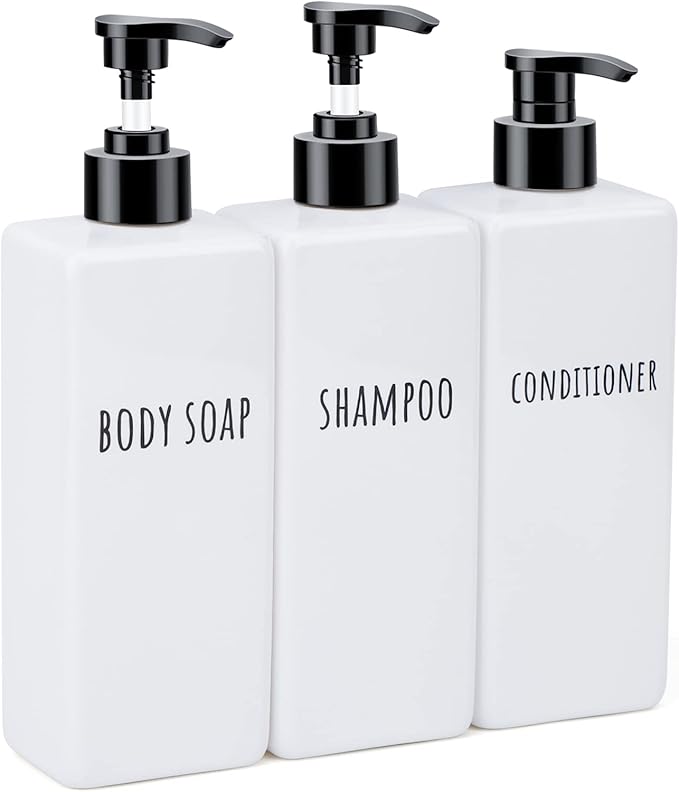 Segbeauty Plastic Soap Dispenser, 3pcs 16.9oz Refillable Shampoo Bottles White, 500ml Empty Square Pump Press Bottle Shower Dispenser Lotion Container for Modern Bathroom Hotel Kitchen
