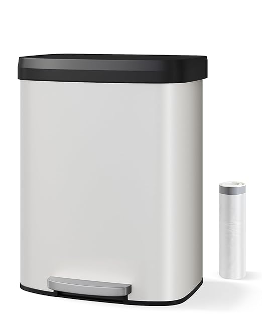 16 Gallon (60 l) Trash Can, Stainless Steel Kitchen Garbage Can, Recycling or Waste Bin with Liner Rim, Rear Handle, Soft Close Plastic Lid Step-on Pedal, Removable Inner Bucket