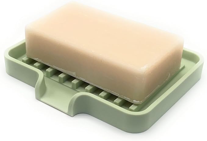 Happitasa Silicone Soap Dish Tray and Sponge Holder with Drain Chute, Pack of 2 | Bathroom and Kitchen Sink Organizer Caddy (Pistachio, 5.2"x4", 7.2 Ounces)