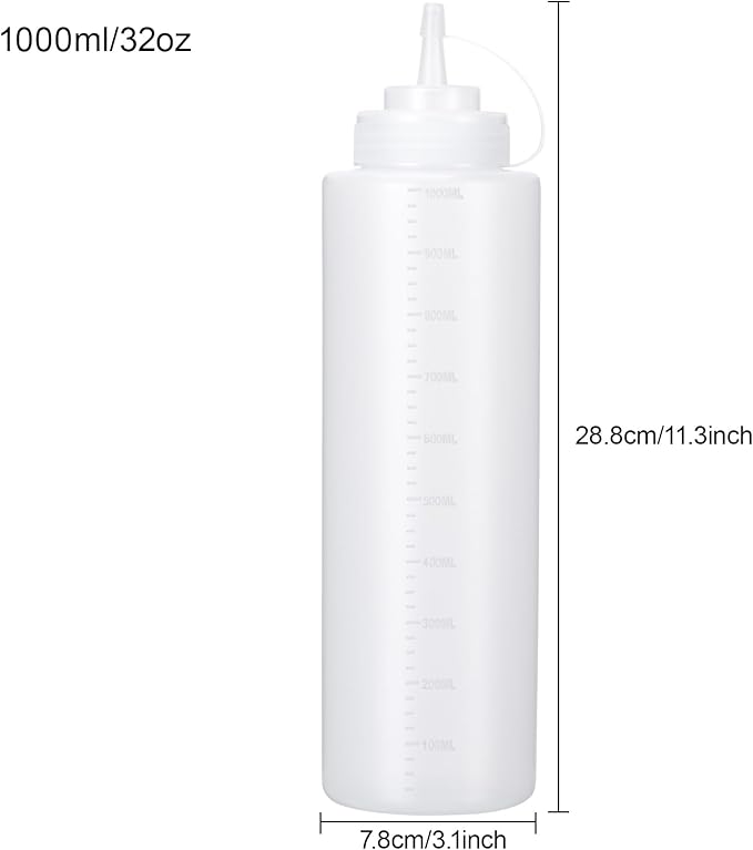 Condiment Squeeze Bottles Ketchup Dispenser, 6 Pack 32oz Squeeze Bottles for Liquids, Plastic Sauce Bottle with Cap Lid, Squirt Bottles for Sauces Liquids BBQ Dressing Pancake Art