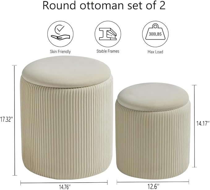 Round Set of 2 Ottoman with Storage-Upholstered Velvet Vanity Stool for Makeup Multifunctional Ottomans Coffee Table Padded Seat Foot Rest for Living Room&Bedroom（White）