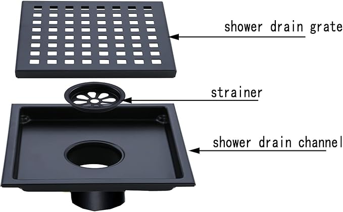 RANDOM Matte Black Square Shower Drain 6 Inch Drain Cover 304 Stainless Steel Floor Drain Grate with Removable Hair Strainer,6" Black Shower Drain
