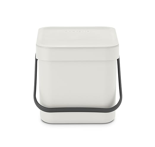 Brabantia Sort & Go Food Trash Can (1.6 Gal/Light Gray) Small Countertop Kitchen Compost Caddy with Handle & Removable Lid, Easy Clean, Fixtures Included for Wall/Cupboard Mounting