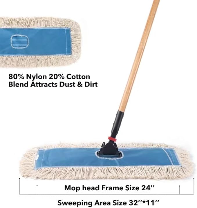 Matthew Cleaning 24'' Industrial Strength Cotton Dust Mop Refill Washable Replacement Heads for Residential & Commercial Use Fit Standard Dust Mop Frames, Hardwood,Concrete Floors Blue&White 12 Pack