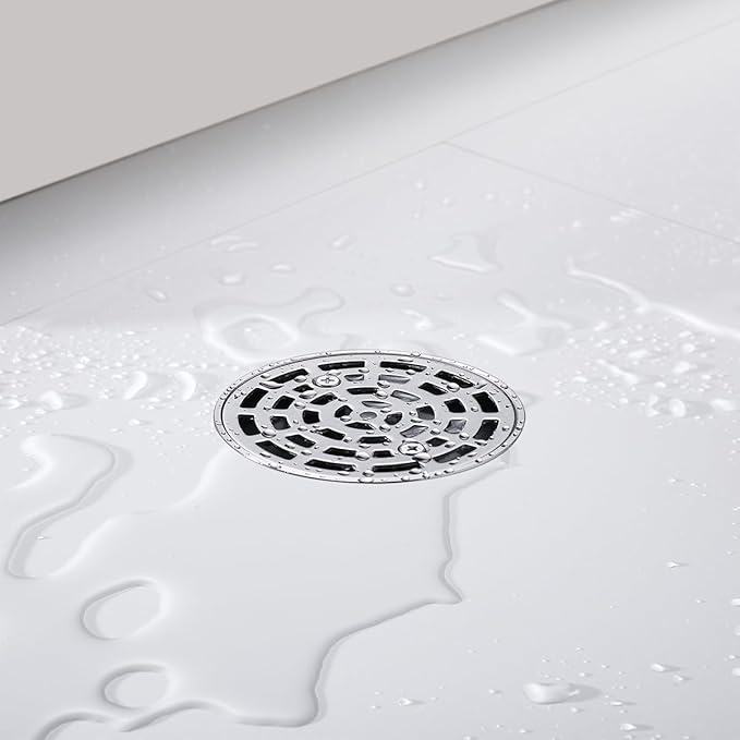 RANDOM Round Shower Drain Brushed Nickel 4 Inch Shower Drain with Adjustable PVC Base Flange,SUS304 Stainless Steel Bathroom Shower Floor Drain with Removable Grid Cover Grate.98768BN-S