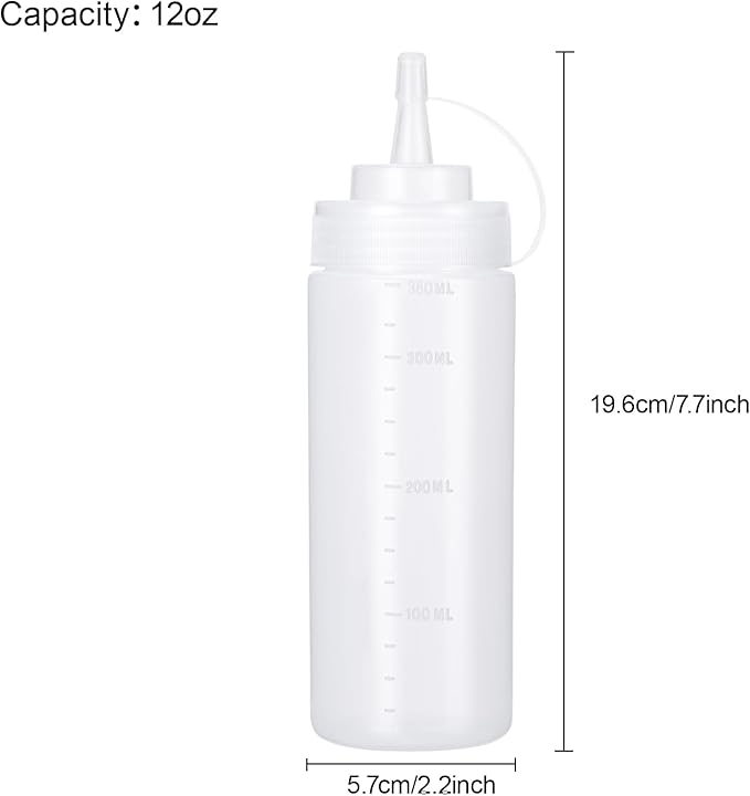 Condiment Squeeze Bottles Ketchup Dispenser, 4 Pack 12oz Squeeze Bottles for Liquids, Plastic Sauce Bottle with Cap Lid, Squirt Bottles for Sauces Liquids BBQ Dressing Pancake Art