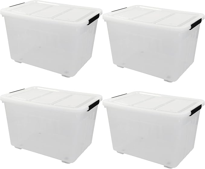 4 Packs 70L Large Plastic Storage Container with Wheels and Latching Lid, Stackable Storage Containers Bin, Clear