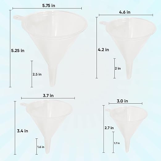 Funnel Set (4 Sizes: 122, 101, 76, 50mm) - Durable, Non-Toxic, Food-Grade Plastic funnels for Filling Bottles and containers. Ideal for Kitchen, Garage, or Labs. Perfect for Precise Pouring.