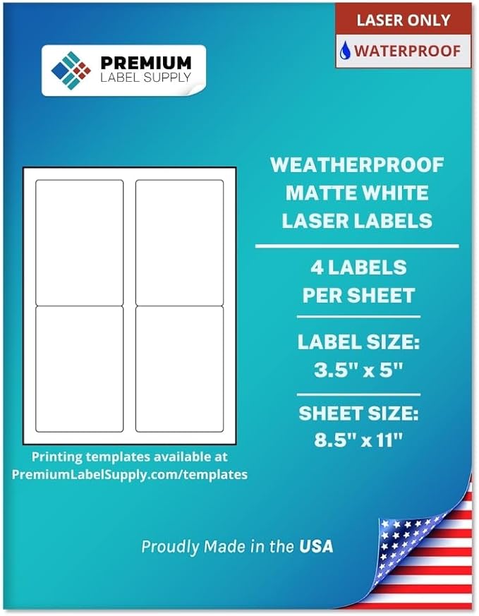 Premium Label Supply Waterproof Matte White Sticker Labels – 3.5" x 5" – Laser Printers Only – (4 per Sheet), 10 Sheets - 40 Total Adhesive Labels