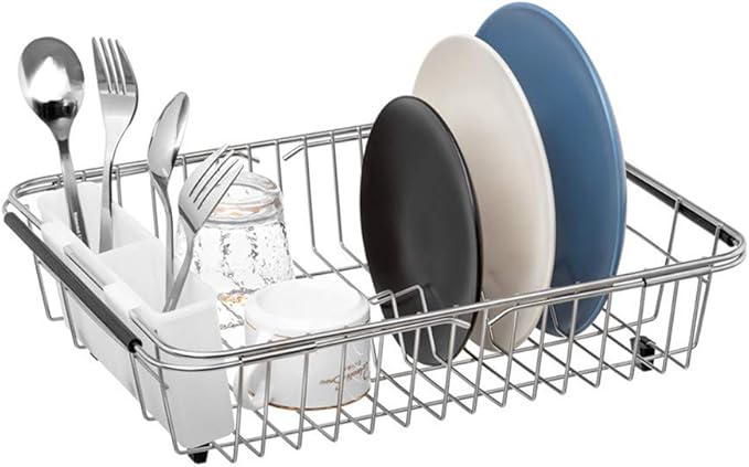 SANNO Dish Drying Rack, Expandable Dish Drainer Over Sink in Sink On Counter with Utensil Silverware Storage Holder, Rustproof Stainless Steel