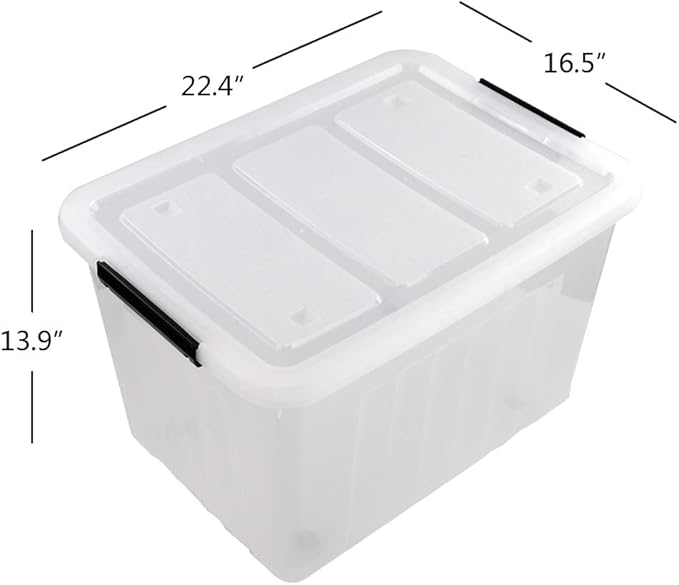 70 L Clear Plastic Large Storage Box with Wheels, Set of 4 LargeLatch Plastic Box for Storage