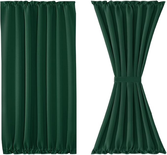 DWCN French Door Curtains – Rod Pocket Thermal Blackout Curtain for Doors with Glass Window, Kitchen and Patio Doors for Privacy, 54 X 40 Inches Long, 1 Curtain Panel with Tieback,Hunter Green