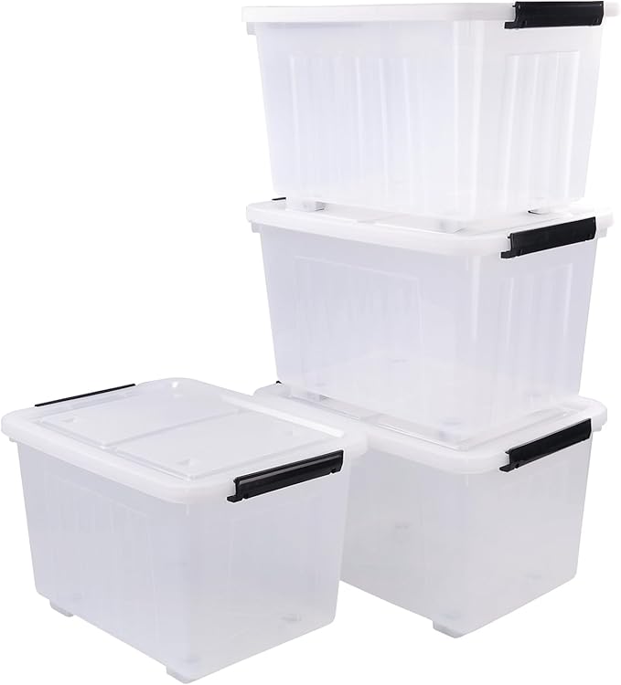 4 Packs 30 L Stackable Plastic Storage Bins with Lids and Wheels, Latching Clear Storage Container Box