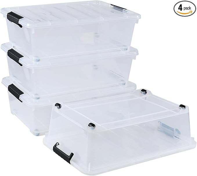 20 Quart Stackable Plastic Under Bed Bins with Lid, Set of 4 Clear Latch Storage Container with Wheels