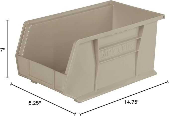 Akro-Mils 30240 AkroBins Plastic Storage Bins, Space-Saving Stackable Bins for Garage, Pantry, Craft Organization, 15" x 8" x 7", Stone, 12-Pack