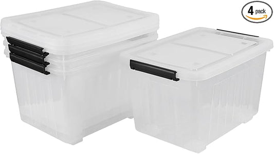 30 Quart Clear Plastic Latch Storage Bins with Wheels, 4-Pack Wheeled Clear Storage Totes