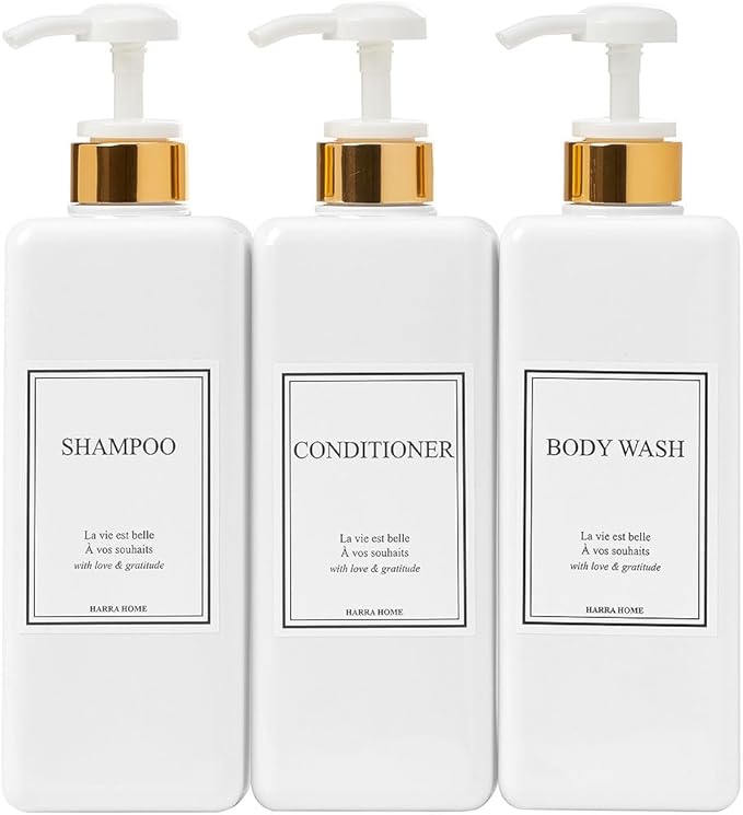 Modern Gold Design Large 27 oz Shampoo and Conditioner Dispensers - Empty Plastic Refillable Pump Bottle Set for Bathroom Shower Soap Dispenser, Set of 3 (White)