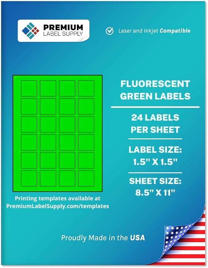 Premium Label Supply Bright Neon Color Fluorescent Sticker Labels - 1.5" x 1.5" Square Labels - (Fluorescent Green, 24,000 Labels)