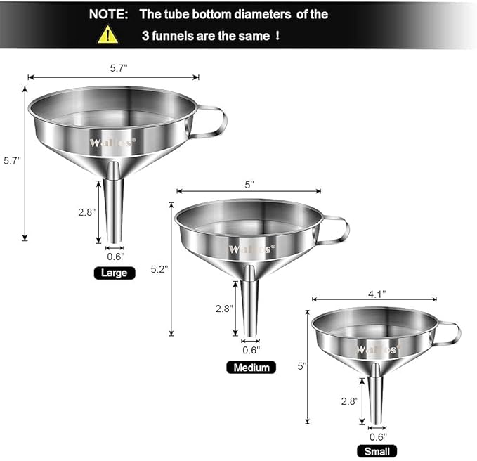 Stainless Steel Funnel, Walfos 3 Pack Kitchen Funnel with 2 Removable Strainer ＆ 1Pcs Cleaning Brush, Perfect for Transferring of Liquid, Oils, Jam, Dry Ingredients & Powder
