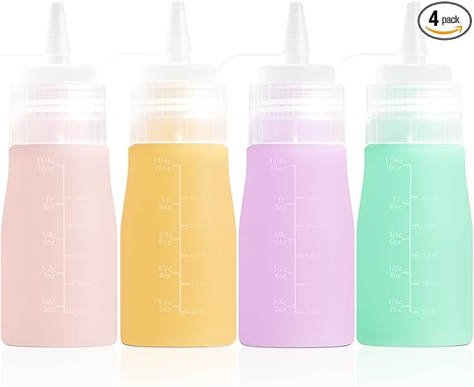 Condiment Squeeze Bottles, 12 oz Silicone Squeeze Bottles For Sauces, Leak Proof Condiment Containers with Extra Interchangeable lid, Easy Squeeze for Oil, Honey & Dressings, BPA FREE (4 Pack)